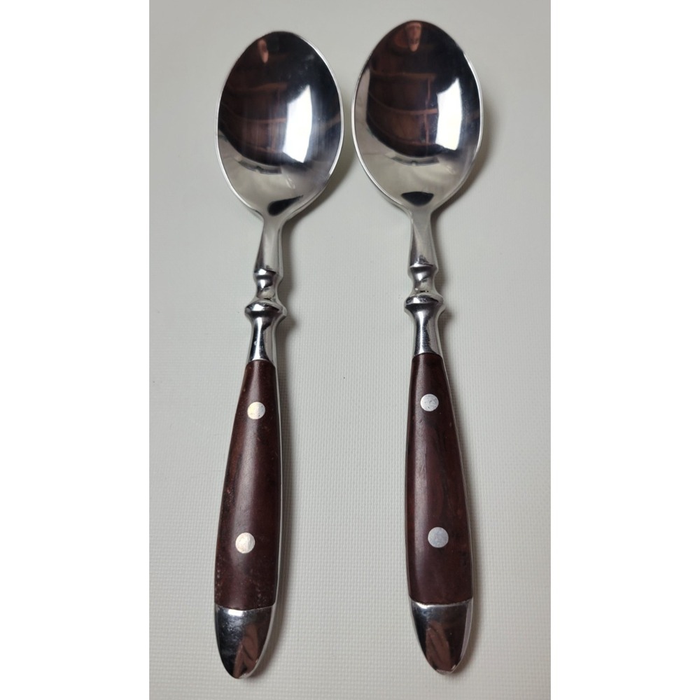 2 Chefs Bistro Place Oval Soup Spoons Woodgrain Brown 18/8 Stainless Steel 7.75"